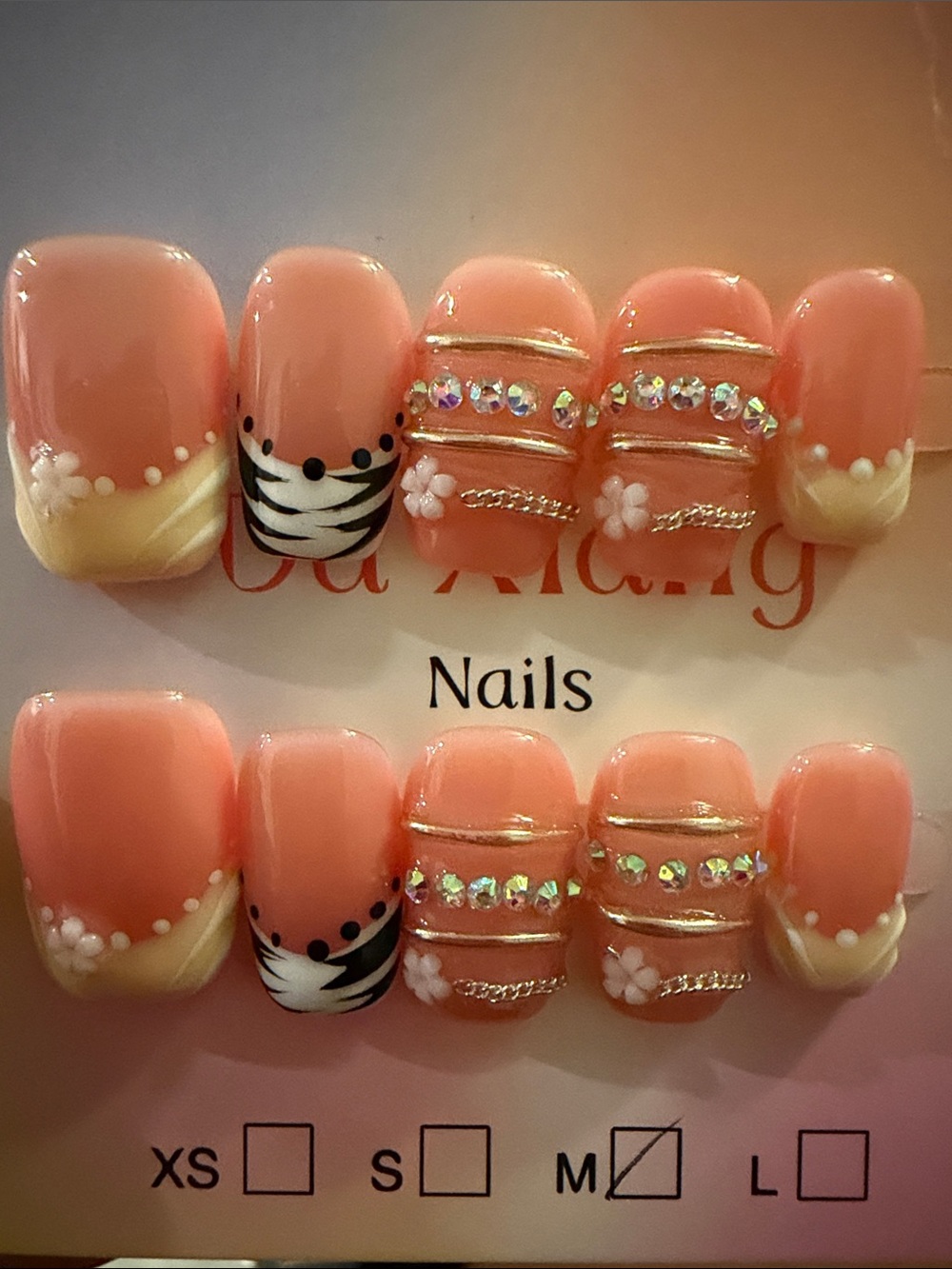 Yellow French tip Rhinestone Floral handmade acrylic Press-On Nails